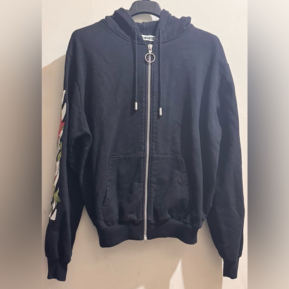 Off-White Black Hoodie with Floral Sleeve